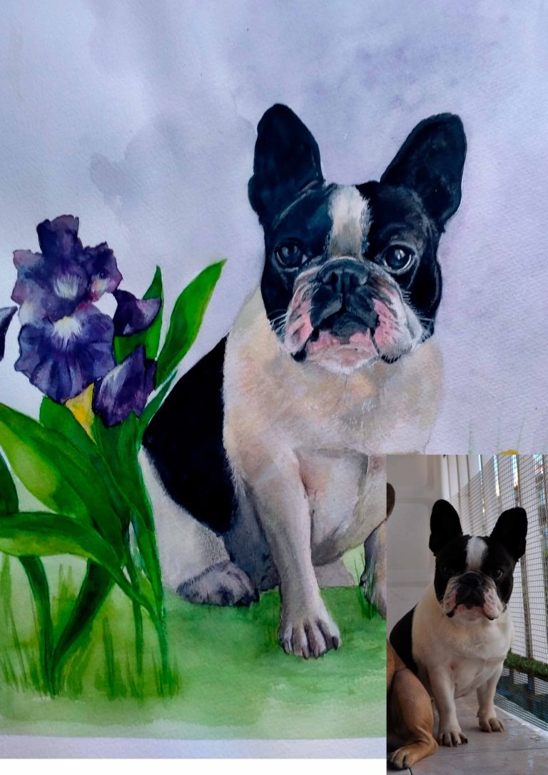 Retrato bulldog con lirios acuarela con referencia de foto